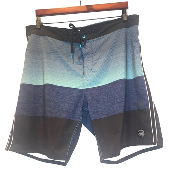 Ron Jon Surf Shop Swim Shorts Trunks Mens 34 Blue Black Striped Back Pocket - Picture 1 of 7